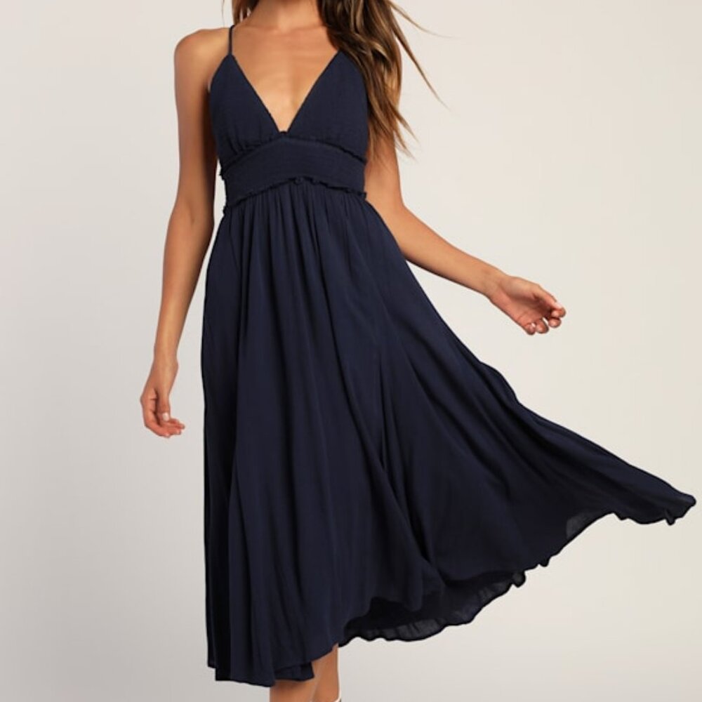 Lulus Essentially Elegant Navy Blue Sleeveless Backless Midi Dress - Size XS